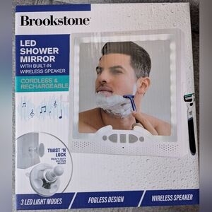 Brookstone LED Shower Mirror with Built-In Wireless Speaker — Blue/Teal Accents